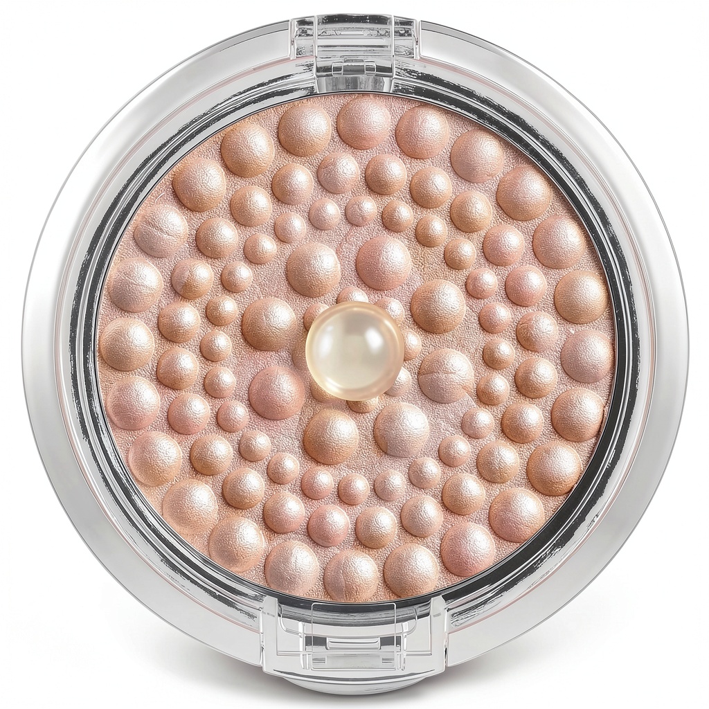 Close‑up of Physicians Formula Mineral Pearls Highlighter compact opened on a marble vanity