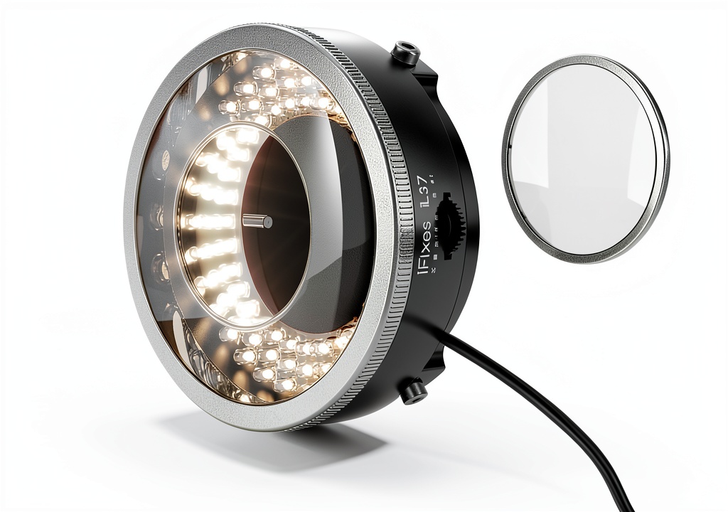 iFixes LED ring light mounted on a stereo microscope in a lab setting