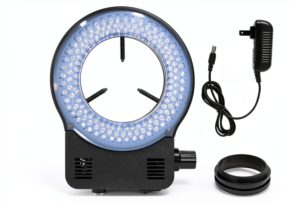 Gringoo ring light mounted on a stereo microscope in a lab setting