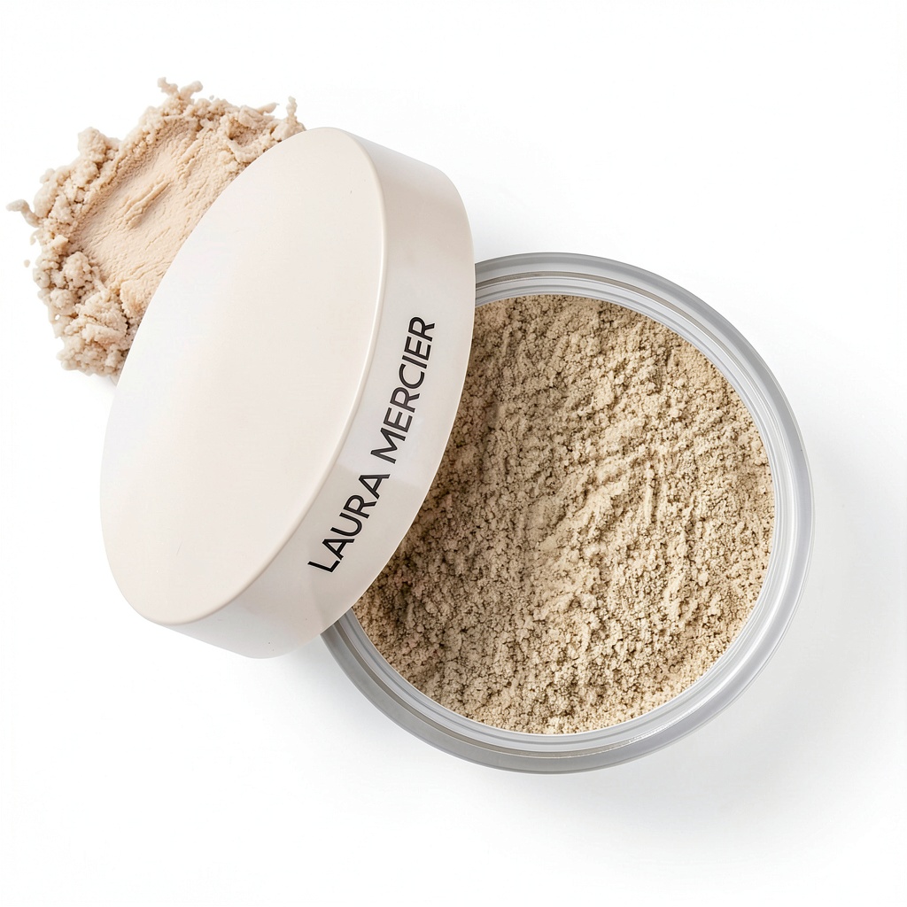 Laura Mercier Translucent Face Powder Full Size compact on a marble vanity