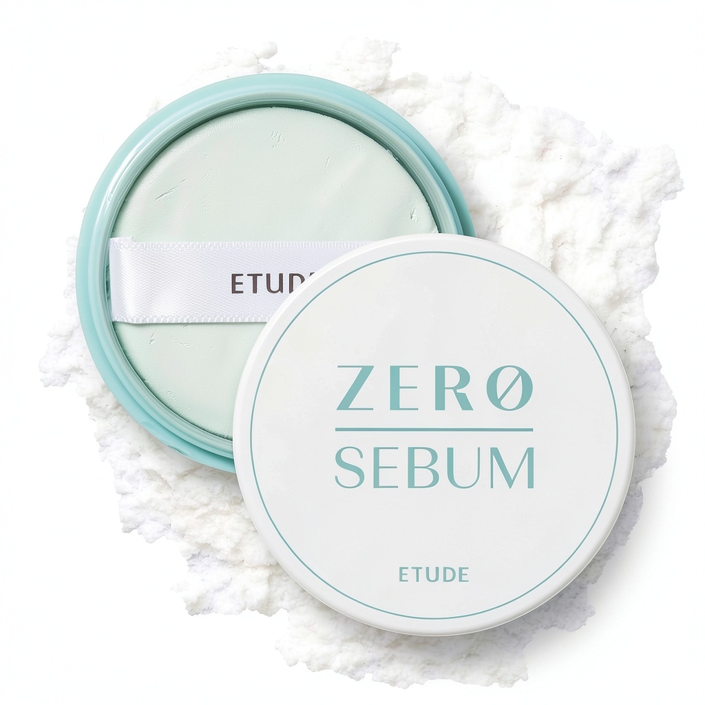 Applying ETUDE Zero Sebum Powder on a makeup table with brush and compact