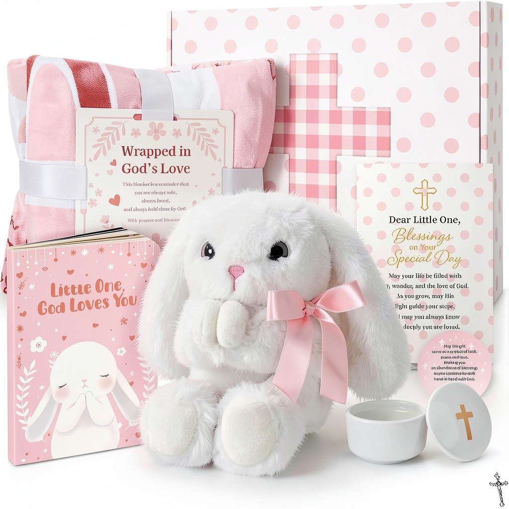 Sky blue baptism gift basket displayed on a nursery shelf