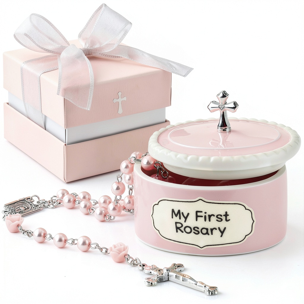 BlueRosary pink rosary and ceramic box displayed on a nursery shelf